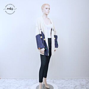 POL Color Block Knit Slouchy Crochet Flowers Open Cardigan Multicolors Women M